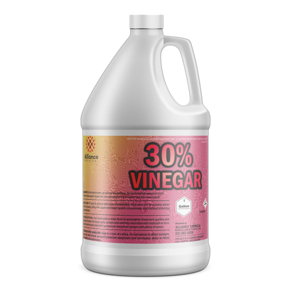 One-gallon HDPE jug of 30% concentrated industrial vinegar solution from Alliance Chemical, featuring safety warnings and pink-to-yellow gradient label.